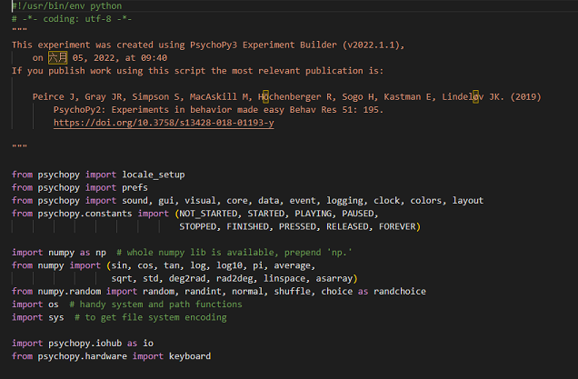 PsychoPy 程序代码节选，可以在任何安装了 Python 3 与 PsychoPy 依赖库的环境下运行