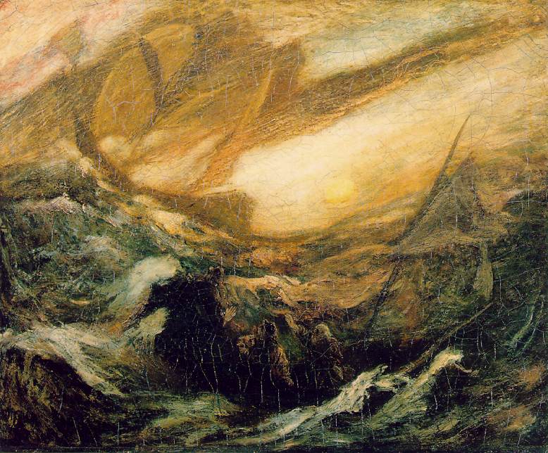 画家Albert Pinkham Ryder笔下描绘的“飞翔的荷兰人”。船只在暴风雨中若隐若现。油画原作现藏于史密森尼美国艺术博物馆。